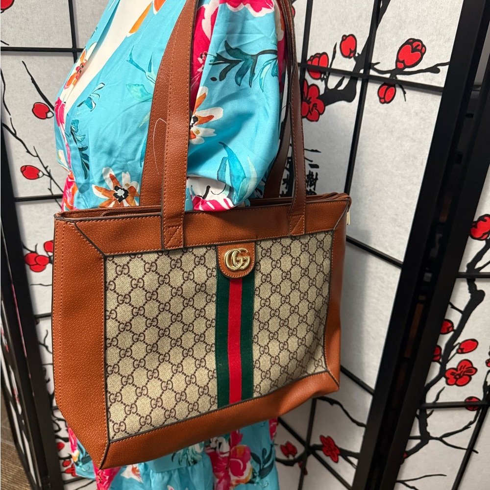 Brown GG Canvas Leather Tote with Signature Web Stripe